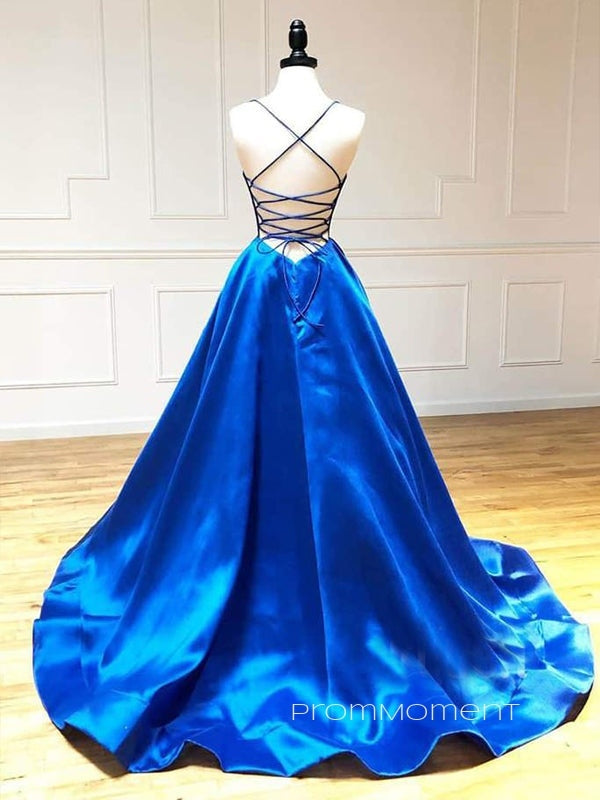 Spaghetti Straps Deep V-neck A-line Long Evening Prom Dresses, Royal Blue Satin Backless Prom Dress, PM0790
