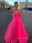 V-neck Spaghetti Straps High Slit A-line Long Evening Prom Dresses, Sleeveless Backless Tulle Prom Dress, PM0791