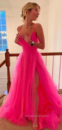 V-neck Spaghetti Straps High Slit A-line Long Evening Prom Dresses, Sleeveless Backless Tulle Prom Dress, PM0791