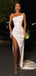 Strapless White Satin Mermaid Long Evening Prom Dresses, High Slit Floor-length Elegant Prom Dress, PM0792