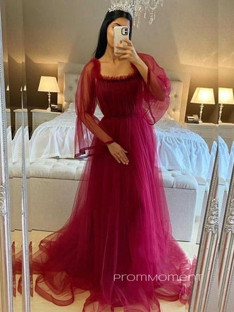 Lone Sleeves A-line Off Shoulder Long Evening Prom Dresses, Dark Red Backless Prom Dress, PM0794