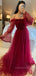 Lone Sleeves A-line Off Shoulder Long Evening Prom Dresses, Dark Red Backless Prom Dress, PM0794