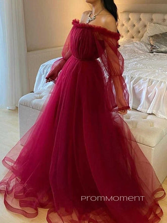 Lone Sleeves A-line Off Shoulder Long Evening Prom Dresses, Dark Red Backless Prom Dress, PM0794
