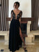 Gorgeous High Slit A-line Long Evening Prom Dresses, Long Sleeves Black Chiffon Prom Dress, PM0796