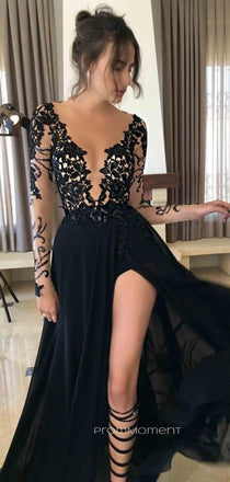Gorgeous High Slit A-line Long Evening Prom Dresses, Long Sleeves Black Chiffon Prom Dress, PM0796