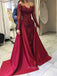 Long Sleeves Dark Red A-line Floor-length Long Evening Prom Dresses, Dark Red Lace Satin Prom Dress, PM0797