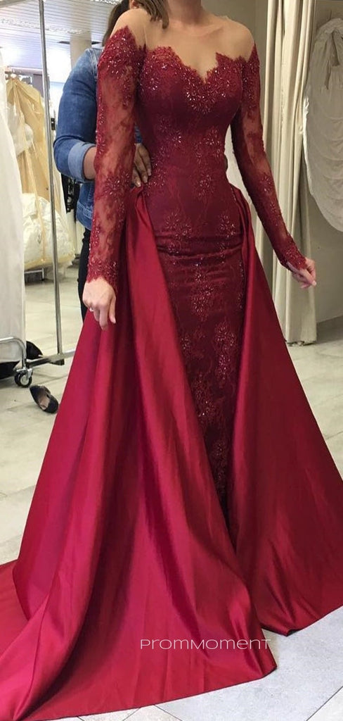 Long Sleeves Dark Red A-line Floor-length Long Evening Prom Dresses, Dark Red Lace Satin Prom Dress, PM0797