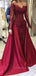 Long Sleeves Dark Red A-line Floor-length Long Evening Prom Dresses, Dark Red Lace Satin Prom Dress, PM0797