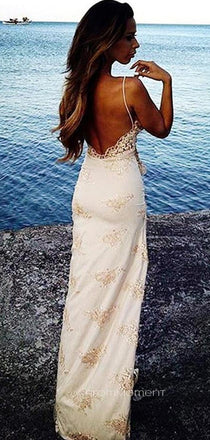 Deep V-neck Spaghetti Straps V-back Long Evening Prom Dresses, High Slit Mermaid Prom Dress, PM0798