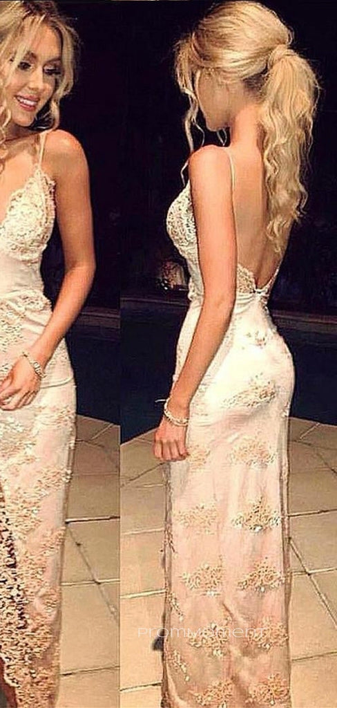 Deep V-neck Spaghetti Straps V-back Long Evening Prom Dresses, High Slit Mermaid Prom Dress, PM0798