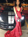 Straps Deep V-neck V-back Mermaid Long Evening Prom Dresses, Sequins Sheath Floor-length Red Prom Dress, PM0800