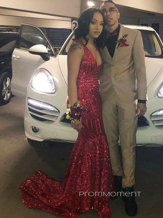 Straps Deep V-neck V-back Mermaid Long Evening Prom Dresses, Sequins Sheath Floor-length Red Prom Dress, PM0800