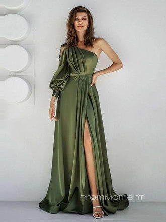 Long Sleeve One Shoulder A-line Long Evening Prom Dresses, Unique Side Slit Backless Prom Dress, PM0802