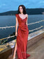 One Shoulder V-neck Side Slit Mermaid Long Evening Prom Dresses, Backless Satin Prom Dress, PM0805