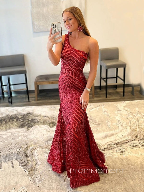 One Shoulder Red Sequins Mermaid Long Evening Prom Dresses, Sleeveless Sparkly Prom Dress, PM0806