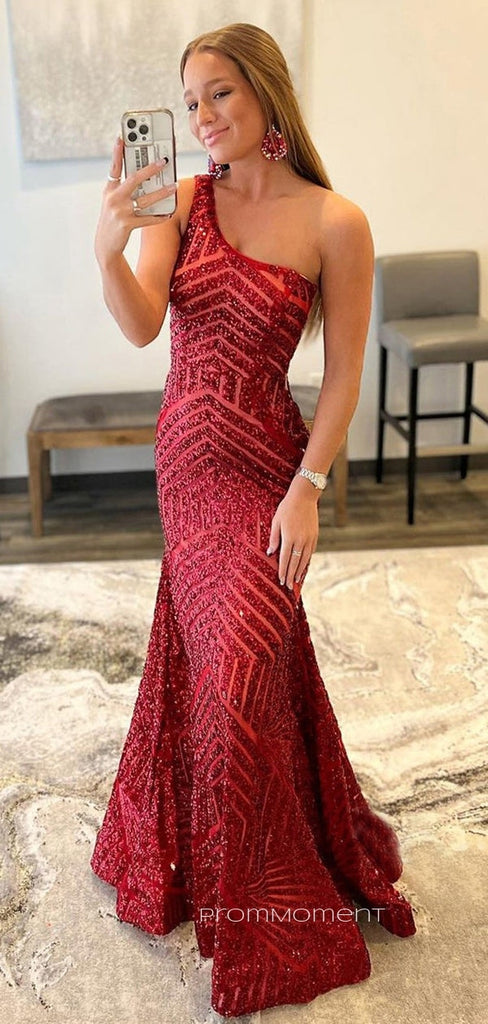 One Shoulder Red Sequins Mermaid Long Evening Prom Dresses, Sleeveless Sparkly Prom Dress, PM0806