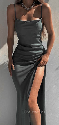 Popular Spaghetti Straps High Slit Mermaid Long Evening Prom Dresses, Grey Satin Simple Prom Dress, PM0808