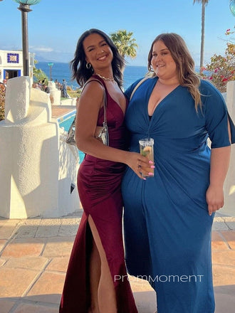 Deep V-neck Straps Burgundy Satin Long Evening Prom Dresses, High Slit Mermaid Backless Prom Dress, PM0810