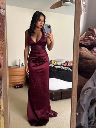 Simple Mermaid Deep V-neck Backless Long Evening Prom Dresses, Straps Burgundy Prom Dress, PM0811