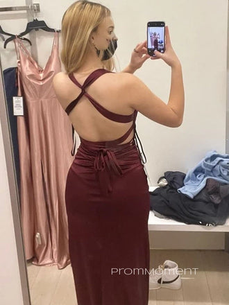 Simple Mermaid Deep V-neck Backless Long Evening Prom Dresses, Straps Burgundy Prom Dress, PM0811