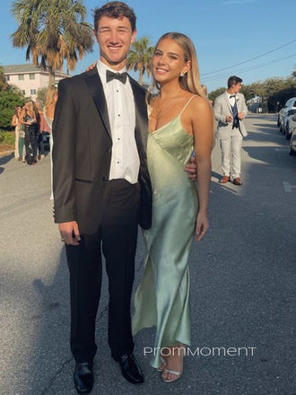 V-neck Spaghetti Straps Side Slit Long Evening Prom Dresses, Backless Satin Sleeveless Prom Dress, PM0814