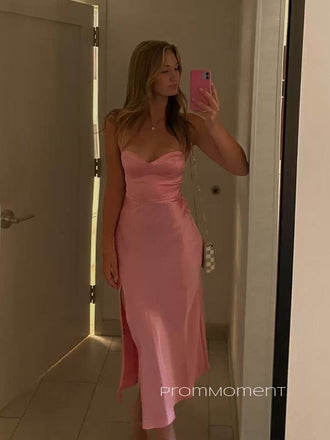 Side Slit Mermaid Sweetheart Spaghetti Straps Long Evening Prom Dresses, Backless Pink Satin Sleeveless Prom Dress, PM0816