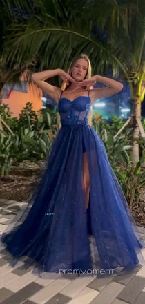 High Slit A-line Spaghetti Straps Long Evening Prom Dresses, Sweetheart Sparkly Sleeveless Prom Dress, PM0817