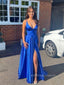 Deep V-neck Spaghetti Straps A-line Long Evening Prom Dresses, Side Slit Royal Blue Sleeveless Prom Dress, PM0818