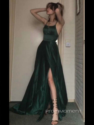 A-line Side Slit Spaghetti Straps Backless Long Evening Prom Dresses, Sleeveless Floor-length Dark Green Prom Dress, PM0821