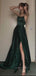A-line Side Slit Spaghetti Straps Backless Long Evening Prom Dresses, Sleeveless Floor-length Dark Green Prom Dress, PM0821