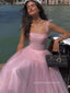 Beautiful A-line Straps Long Evening Prom Dresses, Sleeveless Backless Pink Tulle Prom Dress, PM0824