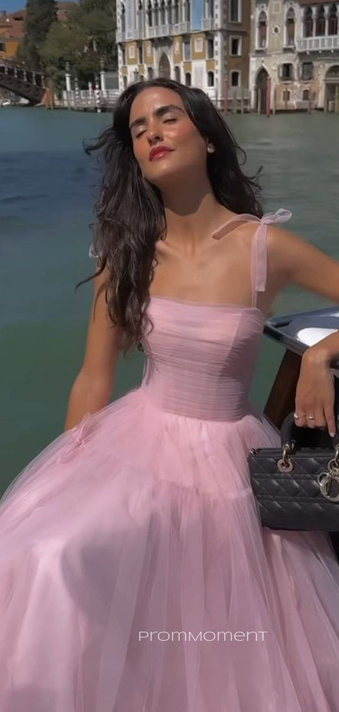 Beautiful A-line Straps Long Evening Prom Dresses, Sleeveless Backless Pink Tulle Prom Dress, PM0824