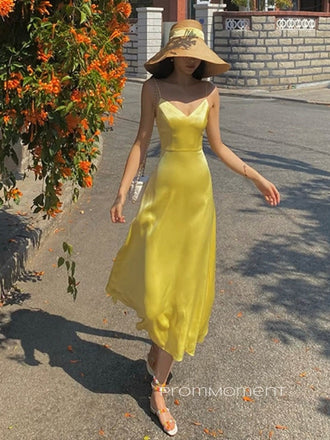V-neck Spaghetti Straps A-line Long Evening Prom Dresses, Beautiful Yellow Sleeveless Prom Dress, PM0827