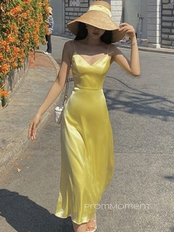 V-neck Spaghetti Straps A-line Long Evening Prom Dresses, Beautiful Yellow Sleeveless Prom Dress, PM0827