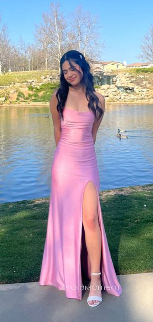 High Slit Pink Mermaid Long Evening Prom Dresses, Backless Sleeveless Prom Dress, PM0828