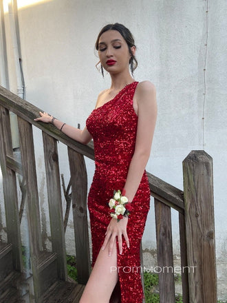One Shoulder Sequins Red Mermaid Long Evening Prom Dresses, Sparkly Side Slit Prom Dress, PM0830