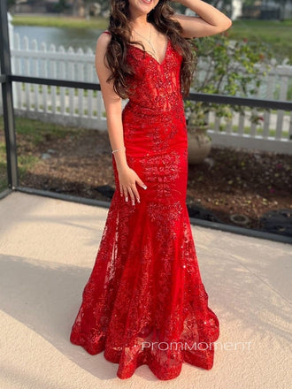 Sheath Spaghetti Straps Red Mermaid Long Evening Prom Dresses, Sparkly Backless Prom Dress, PM0831