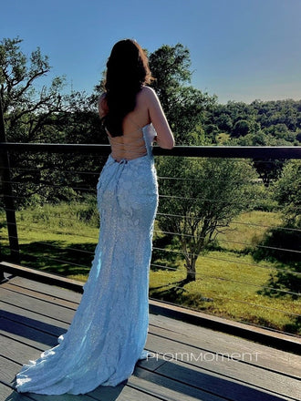 Formal Mermaid Side Slit Backless Long Evening Prom Dresses, Beautiful Blue Sheath Spaghetti Straps Prom Dress, PM0832