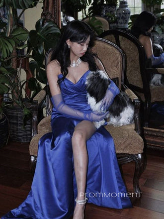 Deep V-neck High Slit Mermaid Long Evening Prom Dresses, Royal Blue Floor-length Sleeveless Strapless Prom Dress, PM0837