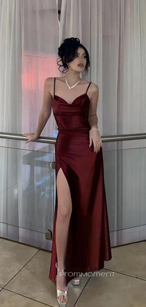 Simple Spaghetti Straps Mermaid V-neck Long Evening Prom Dresses, High Slit Sleeveless Prom Dress, PM0838