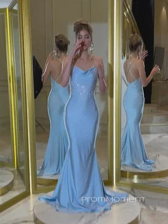 Popular Spaghetti Straps Memaid Long Evening Prom Dresses, Backless Sheath Blue Prom Dress, PM0840