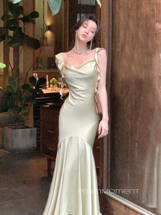 Elegant Straps Mermaid Champagen Long Evening Prom Dresses, Backless Satin Sleeveless Prom Dress, PM0841
