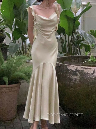 Elegant Straps Mermaid Champagen Long Evening Prom Dresses, Backless Satin Sleeveless Prom Dress, PM0841