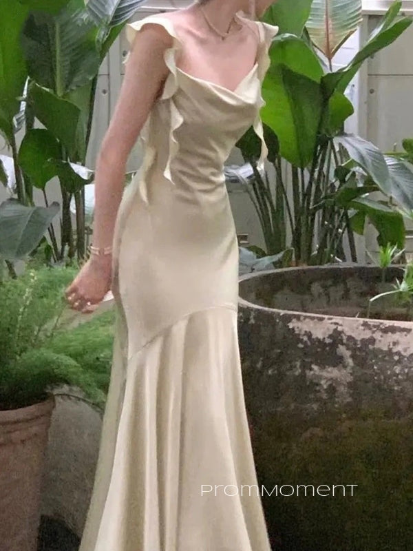 Elegant Straps Mermaid Champagen Long Evening Prom Dresses, Backless Satin Sleeveless Prom Dress, PM0841