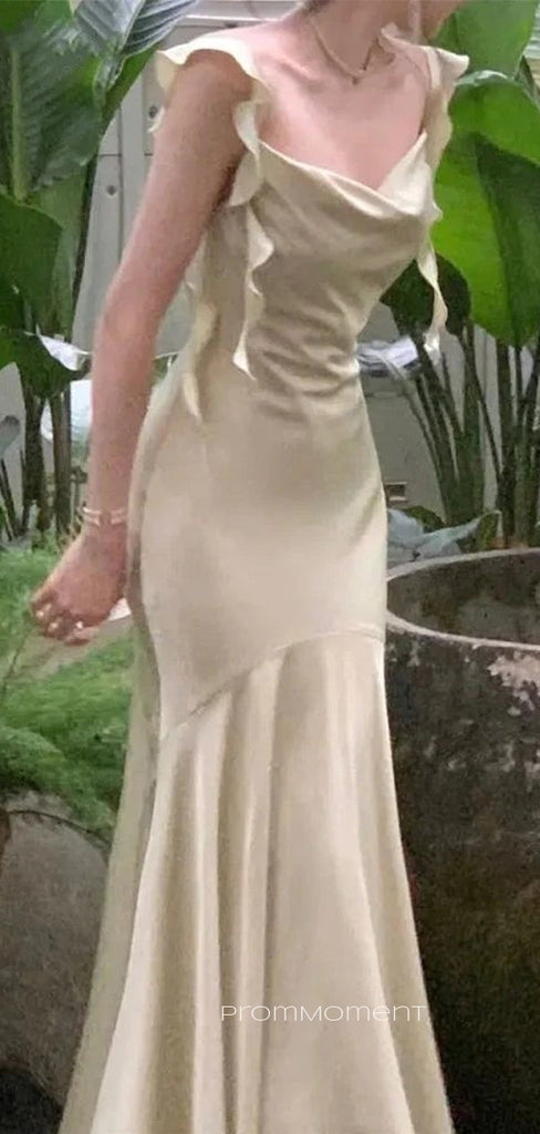 Elegant Straps Mermaid Champagen Long Evening Prom Dresses, Backless Satin Sleeveless Prom Dress, PM0841