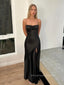 Popular Black Satin Side Slit Long Evening Prom Dresses, Spaghetti Straps Mermaid Prom Dress, PM0843