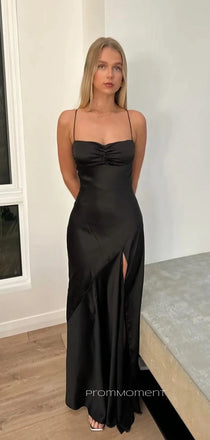 Popular Black Satin Side Slit Long Evening Prom Dresses, Spaghetti Straps Mermaid Prom Dress, PM0843