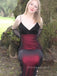 V-neck Spaghetti Straps mermaid Long Evening Prom Dresses, Black Chiffon Red Prom Dress, PM0846