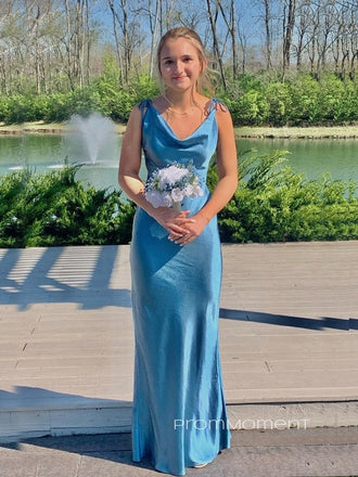 Straps V-neck Mermaid Blue Satin Long Evening Prom Dresses, Sleeveless Backless Prom Dress, PM0849