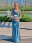 Straps V-neck Mermaid Blue Satin Long Evening Prom Dresses, Sleeveless Backless Prom Dress, PM0849